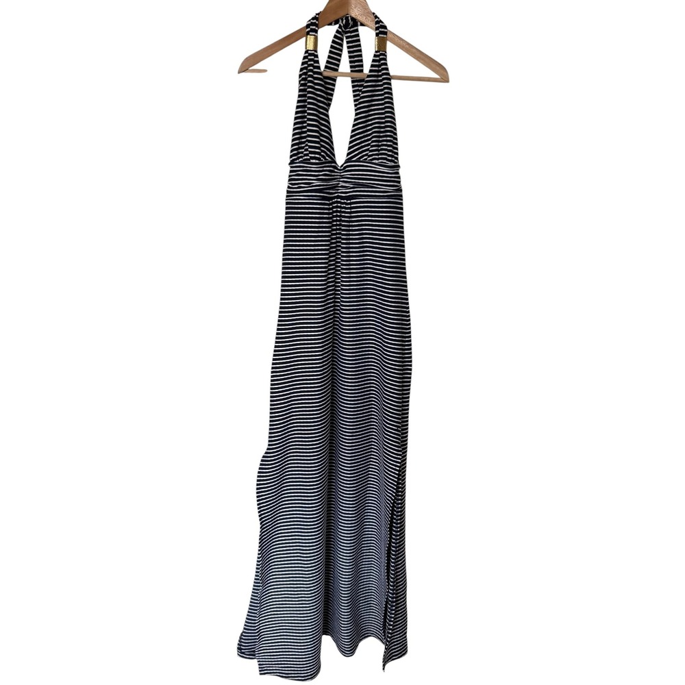 Heidi Klein Maxi Dress Women XS Navy White Excellent Striped Halter Gold Detail